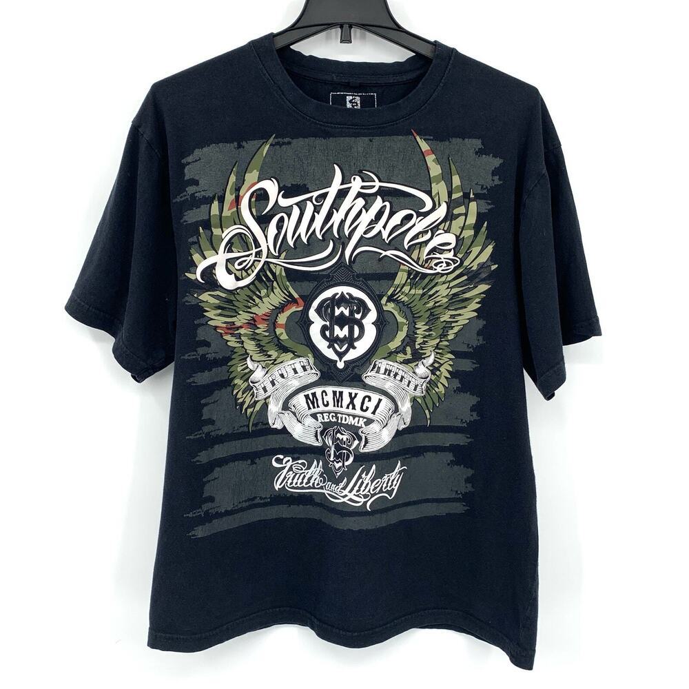 Vintage 2000s Y2K Southpole T-Shirt Black Wing Skate Emo Goth Punk Mens Size XXL